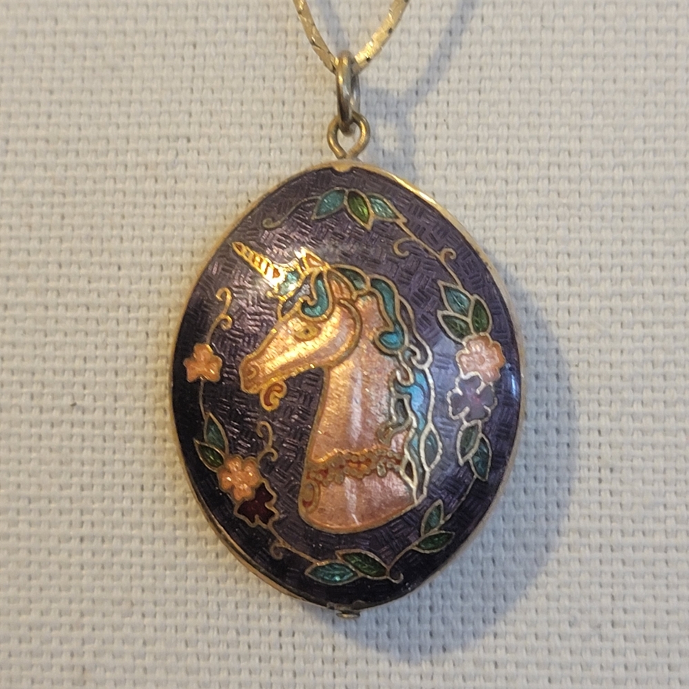 Vintage unicorn and flowers purple double sided Cloisonne necklace